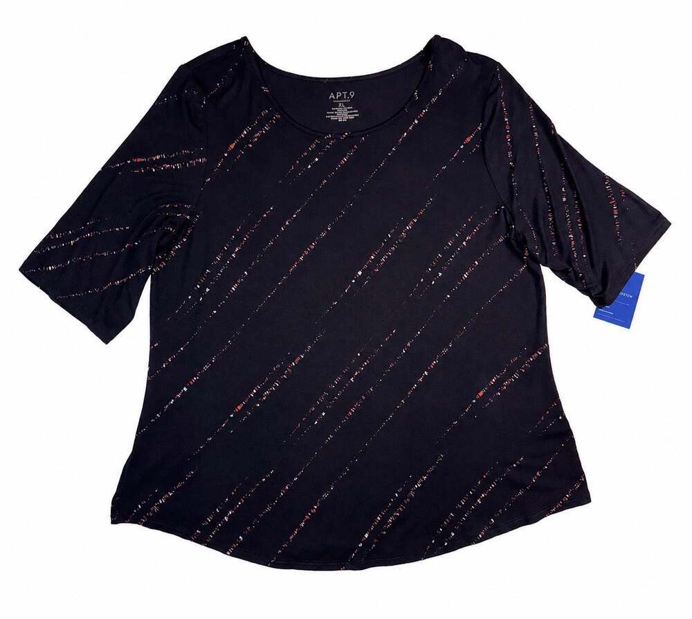 Apt. 9 Womens Essential Elbow-Sleeve Tee Top Sz XLarge Black Diagonal Print NWT